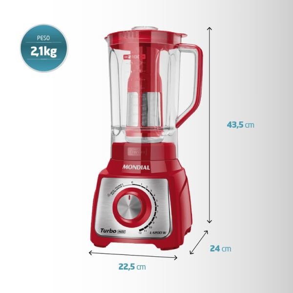 LICUADORA MONDIAL TURBO INOX 3L - 12 VELOCIDADES L-1200W RED - Imagen 2