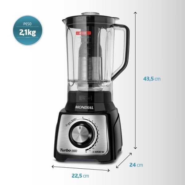 LICUADORA MONDIAL TURBO INOX 3L - 12 VELOCIDADES L-1200W BLACK - Imagen 2