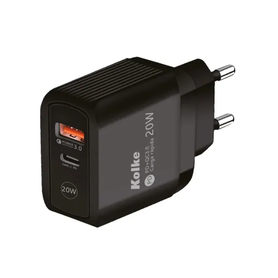 CARGADOR RAPIDO DE PARED KOLKE USB PD + QC 3.0 KCR-2576 NEGRO