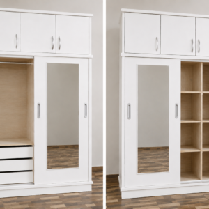 ROPERO DE MADERA NACIONAL 3 CUERPOS CON 2 PUERTAS CORREDIZAS Y ESPEJO BLANCO