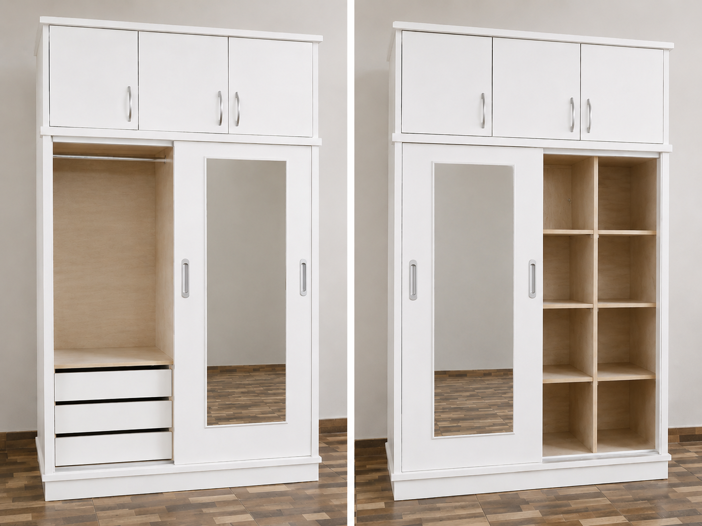 ROPERO DE MADERA NACIONAL 3 CUERPOS CON 2 PUERTAS CORREDIZAS Y ESPEJO BLANCO