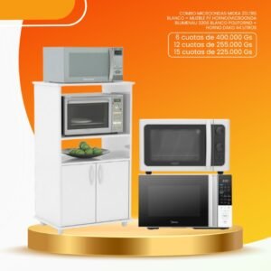 COMBO MICROONDAS MIDEA 20LTRS BLANCO + MUEBLE P/ HORNO/MICROONDA BLUMENAU POLITORNO + HORNO DAKO 44 LITROS