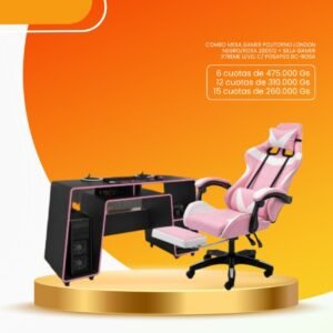 COMBO MESA GAMER POLITORNO LONDON NEGRO/ROSA + SILLA GAMER XTREME LEVEL C/ POSAPIES